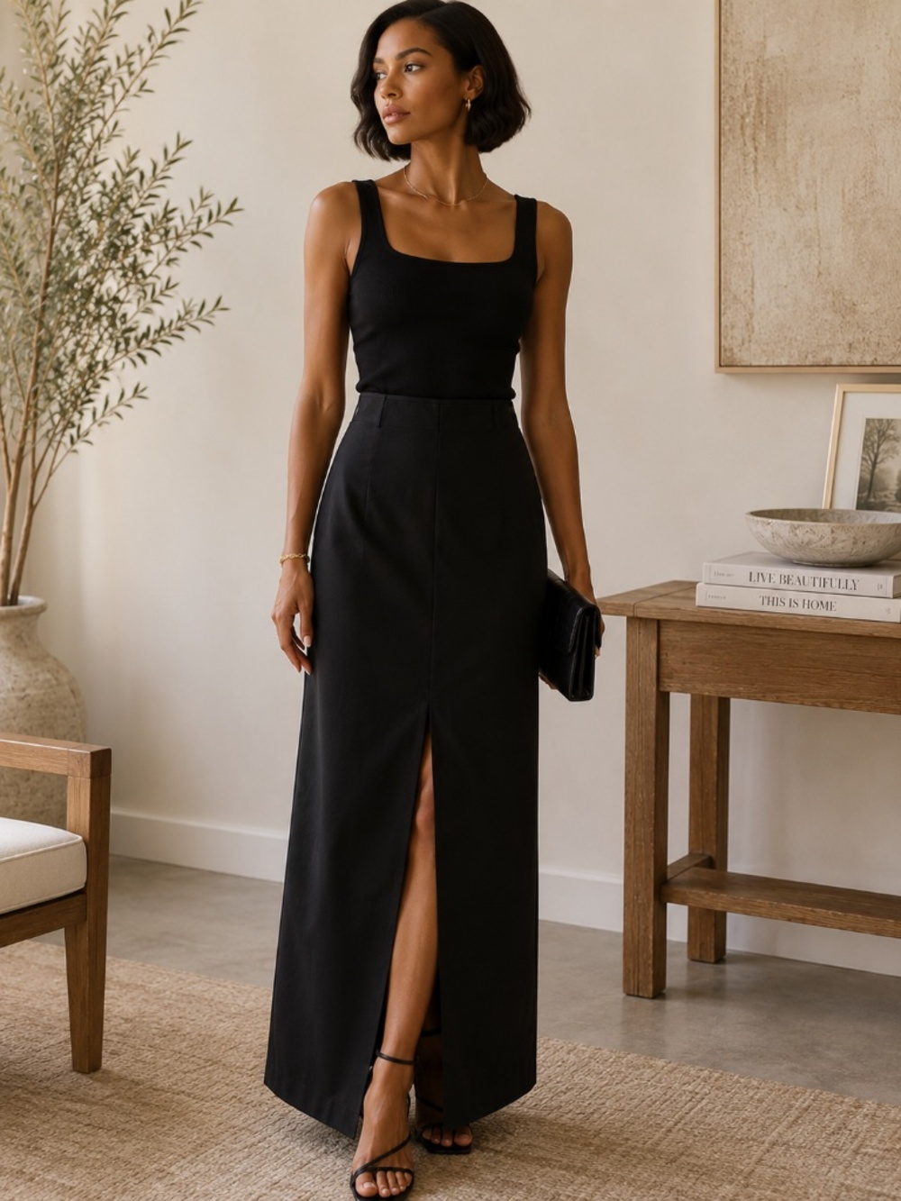 DISSH Drew Black Wool Blend Maxi Skirt Front Slit Minimalist Tailored | Size 4